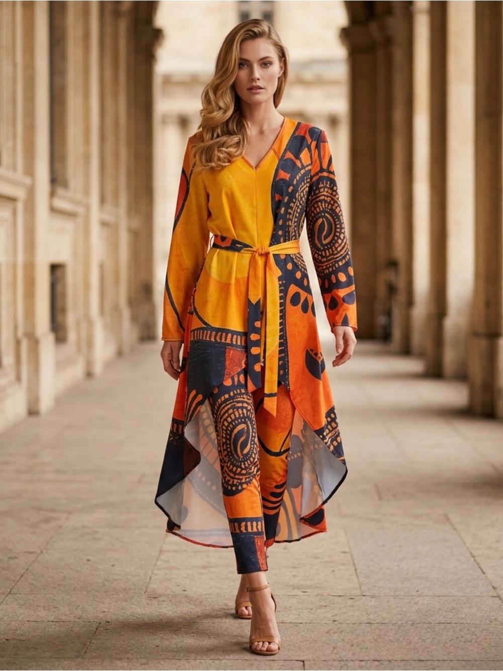 2 for $30 | Abstract Orange & Black High-Low Wrap Dress/Tunic with Belt
